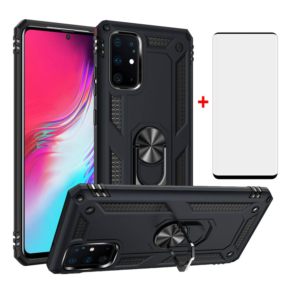 Phone Case for Samsung Galaxy S20 Plus with Tempered Glass Screen Protector Stand Ring Holder Accessories Heavy Duty Rugged Protective Shockproof Hard Bumper S20Plus + 20+ 20 20plus S20+ 5G Black