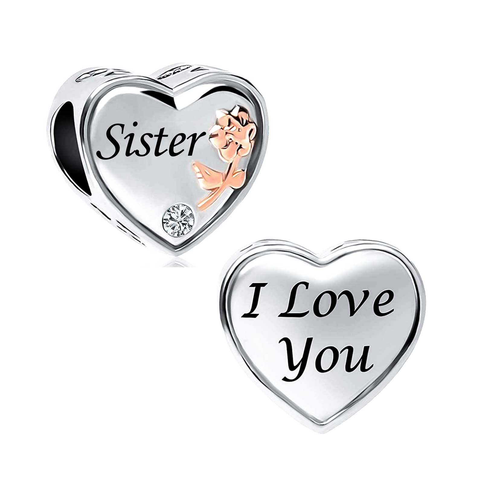 KunBead Jewelry Rose Heart Love Sister Bead Charms Compatible with Pandora Bracelets