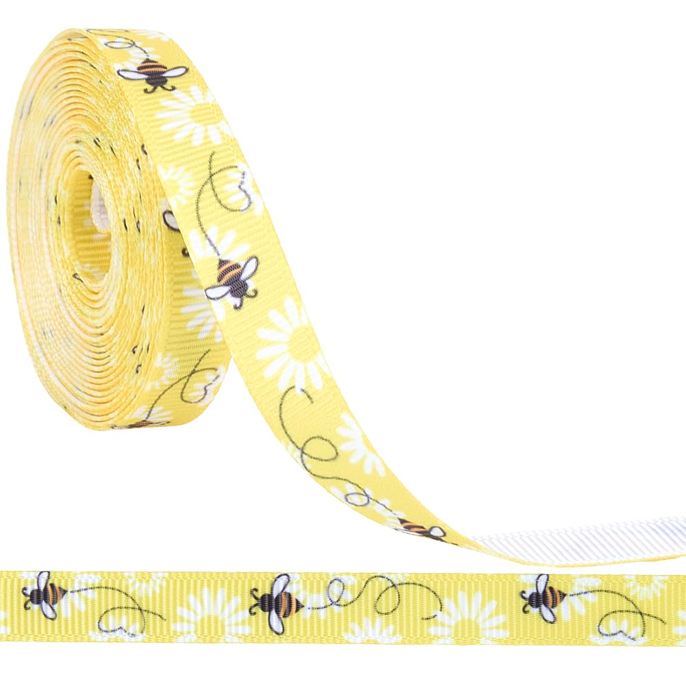 Photo 1 of CABODYALS 10 Yards 3/8 Inch Yellow Bee Ribbon White Polyester Bees Pattern Print Ribbon Spring Printed Grosgrain Fabric Ribbons Thin Bulk Roll for Sewing Making Crafts Wreaths Home Party Decor Supply
