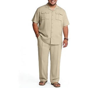 SONICDEGREE Big and Tall Men Faux Linen 2 Piece Outfits Summer Pant Sets | Short Sleeve Button Shirt, Casual Loose Pants, Fla