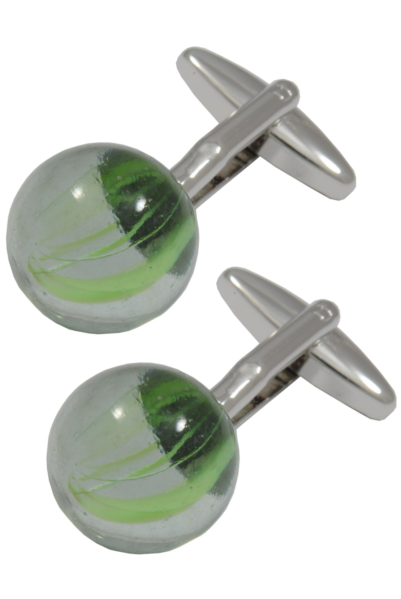 Cufflinks for Men + Presentation Box - Fun - Classic Retro Marbles Transparent Cufflinks - Brass Metal Back - Game - Green and Silver Colours - One Pair