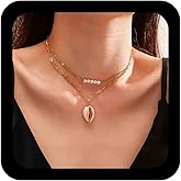 Iaceble Boho Layered Sea Shell Necklace Gold Shell Pendant Necklace Summer Beach Chain Necklaces Pearl Shells Layered Necklaces Jewelry for Women