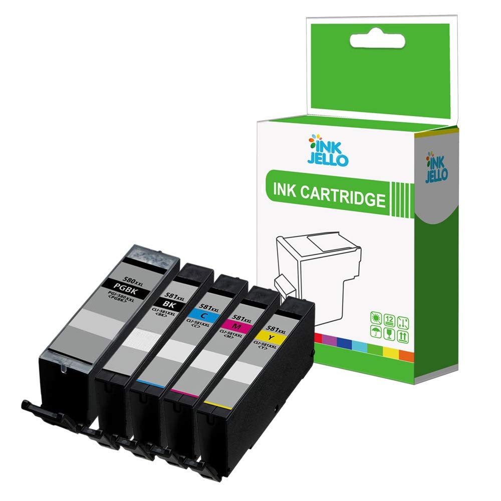 InkJello Ink Cartridge For Printer, Compatible With Canon Pixma TR7500 TR7520 TR7550 TR8500 TR8520 TR8550 TS705 TS6100 TS6220 PGI-580XXL CLI-581XXL(Large-Black/Small-Black/Cyan/Magenta/Yellow, 5-Pack)