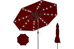 AreShark 9FT Solar Umbrella 32 LED Lighted Patio Umbrella Table Market Umbrella w/Tilt and Crank Outdoor Umbrellas for Garden, Deck, Backyard, Pool and Beach, Burgundy