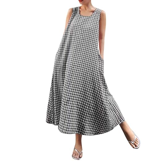 Amazon Com Edc Women S Plaid Vest Dresses Plus Size Sleeveless - edc women s plaid vest dresses plus size sleeveless big code casual loose linen printed lo!   ng