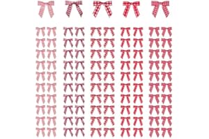Meseey 100 Pcs 1.5 Inches Premade Gingham Craft Bows Self Adhesive Red/Pink/Hotpink Plaid Ribbon Bows for Treat Bags Gift Wrapping Basket Wedding Baby Shower Brithday Party (Red/Pink/Hotpink Plaid)