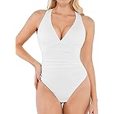Popilush Bodysuits for Women Tummy Control Halter Tops V Neck Ruched Thong Shapewear Body Suits