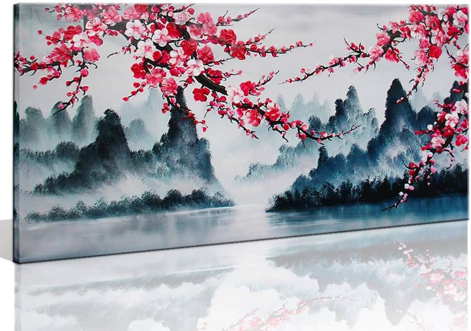 Large Family Wall Decor Art for Living Room Bedroom Framed Hand-Painted Pink Plum Blossom Flower Canvas Picture Modern Black and White Landscape Painting for Home Office 60x30 Inch