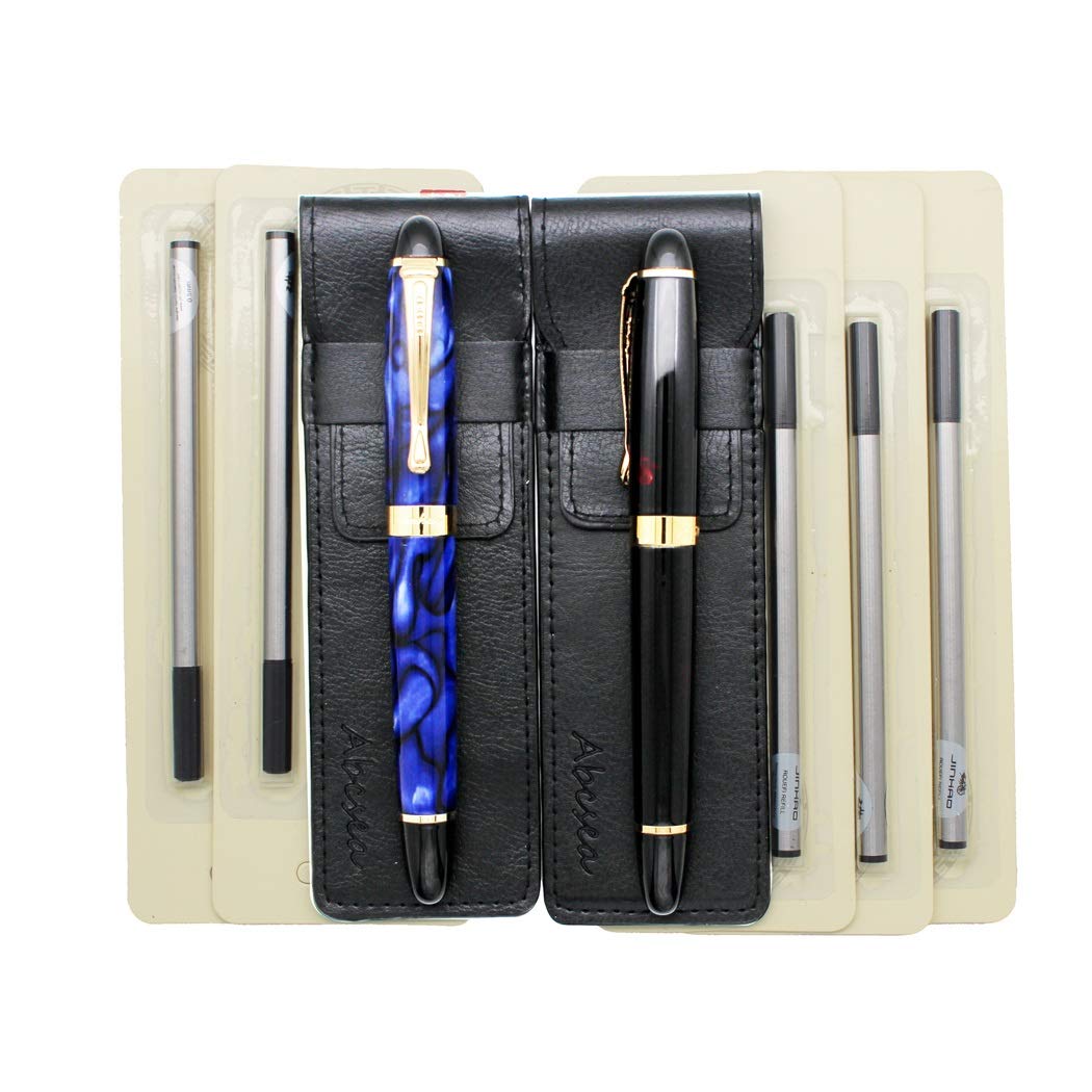 Abcsea 2 pieces Jinhao 450 rollerball fine point black pens medium, pens fine point fineliner (dark red and blue flower), with 5 pieces 0.5 mm standard rollerball pen refills black
