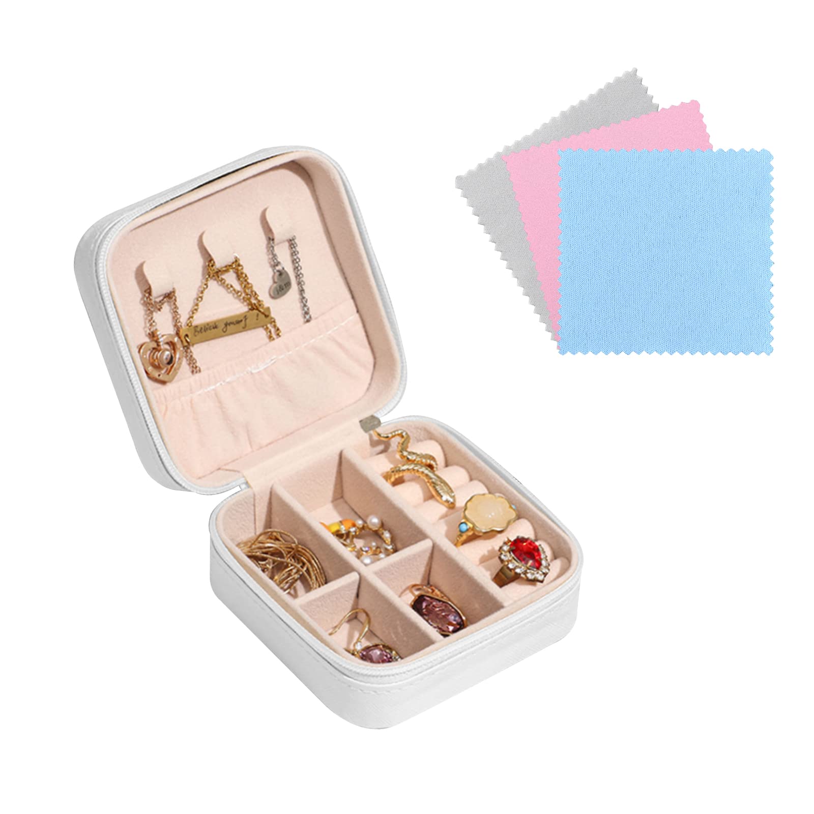 FuninCrea Jewellery Box Organiser for Women, Mini PU Leather Travel Jewelry Storage Case with 3pcs Silver Cloth for Rings Earrings Necklace, Portable Jewelry Case for Girl, Wife, Mother (white)