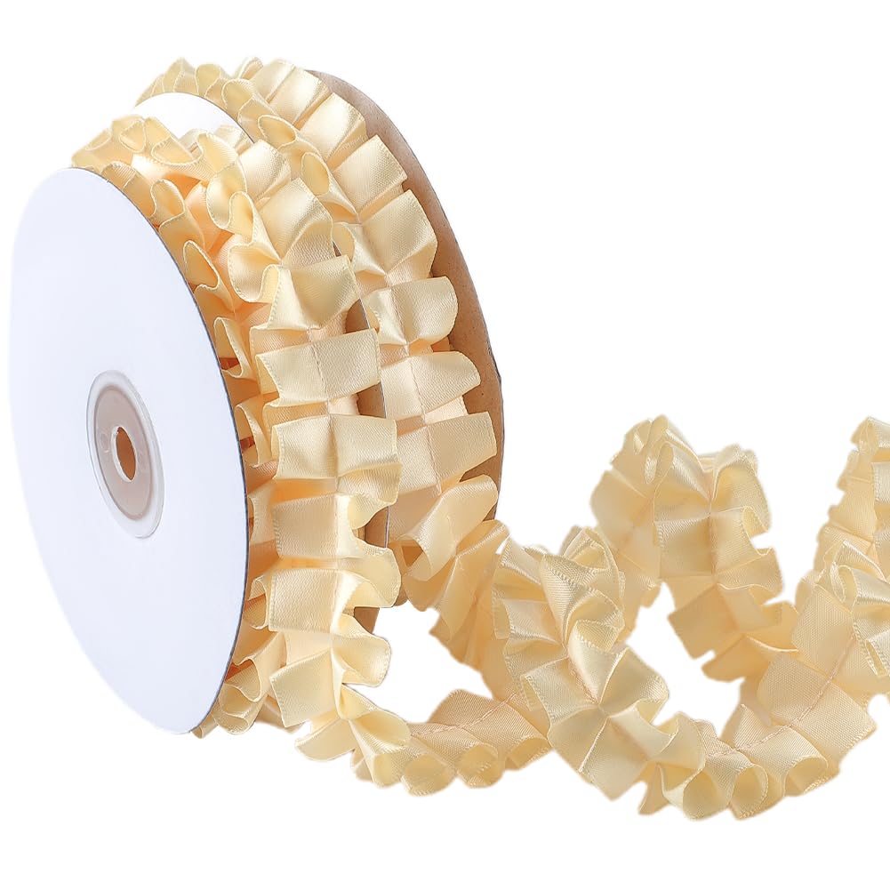 Photo 1 of CABODYALS 10 Yards Yellow Ruffle Ribbon Trim Pleated Fabric Satin Ribbons Vintage Double Sided Gathered Ruffled Edge Lace Applique Trimming for Sewing Making Crafts Wedding Home Decor Dresses Supply