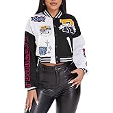 jeecoin Women's Varsity Jacket Cropped Colorblock Letter Print Baseball Bomber Jackets Vintage Streetwear Fashion Coats