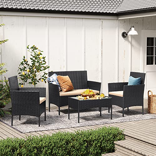 SONGMICS GGF004BZ03 4 Seater PE Resin Woven Outdoor Patio Balcony Garden Furniture Set with 1 Table, 2 Garden Chairs and 1 Outdoor Bench 2 Seater