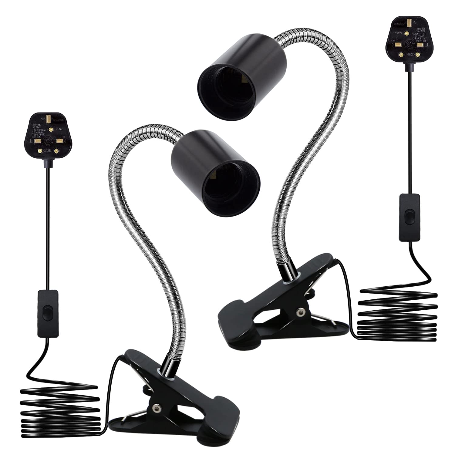Clip Desk Lamp,2PCS Clip on Light,E27 Lamp Holder Clip on Bulb Holder, 220CM Lamp Cable with Switch and Plug,9MM Thickened 350MM Lengthened Flexible Gooseneck Clamp Lamp,for Home Office Basement