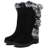 DEVILEYEZE Women's Mid-Calf Winter Platform Hidden Wedge Boots Slip-on Thick Rabbit Fur Collar Warm Waterproof Stretch Leather Non-slip Snow Boot