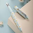 HONG DIAN C3 Fountain Pen, Iridium Fine Soft Nib Chinese Knot Carving, Light Blue & Little Daisy Painting Design with Metal Box Set