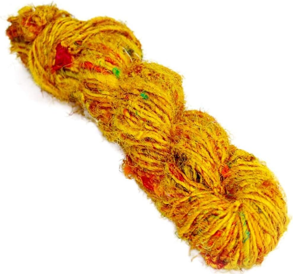Paradise Fibers Recycled Sari Silk Yarn (Yellow) - 1 Skein, 50 Yards, 100 Grams
