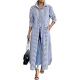 Choichic Shirt Dresses for Women Cotton Button Down Oversized Striped Maxi Dress Cover Up with Pockets
