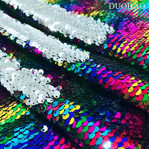DUOBAO Rainbow to Silver Mermaid Fabric by The Yard Two Tone Sequin Fabric Sequence Fabric Reversible Unique Quality Fabrics Mesh Sequins