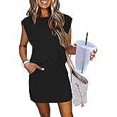 ETCYY NEW Womens Cap Sleeve Summer Dress Crew Neck Tie Front A-Line Dresses Double Layer Hem Mini Dress