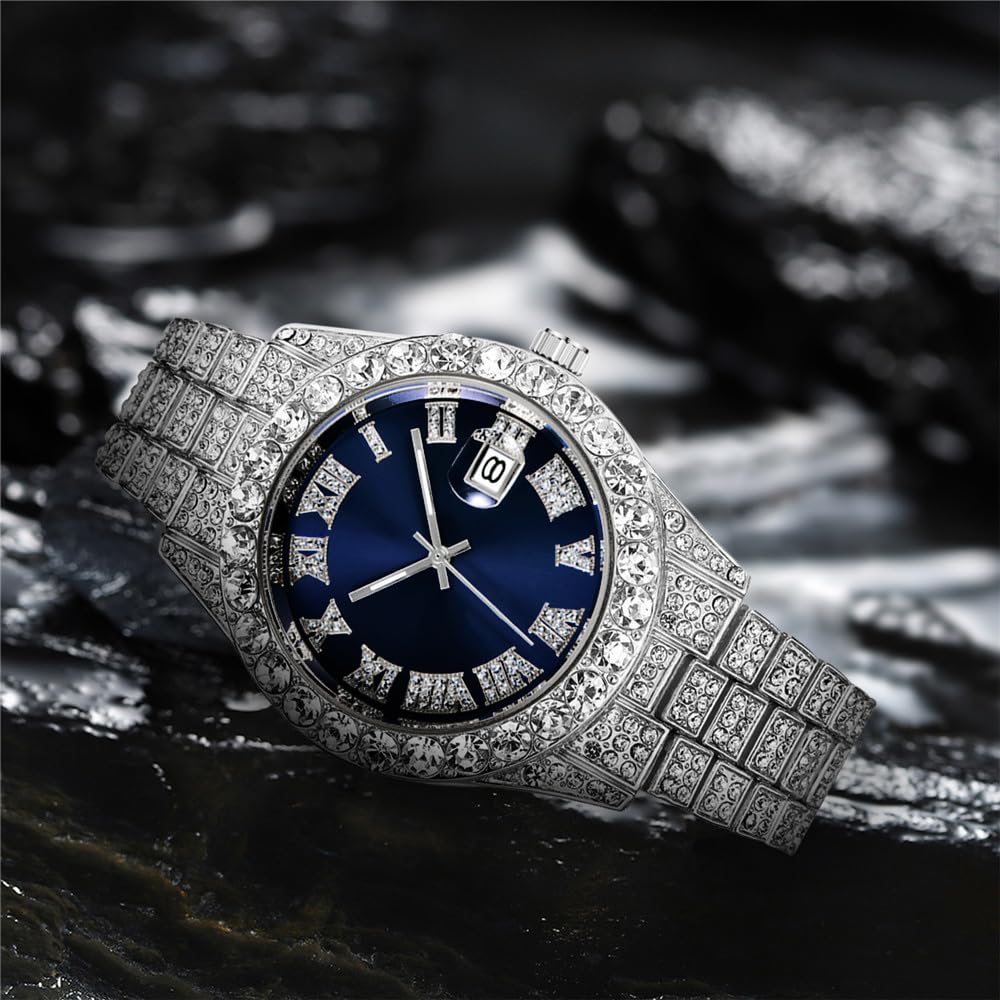 HUNRUY Hip Hop Watches for Men Iced-Out Bling Diamond Luxury Quartz Watches with Date