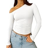 ForeFair Women Sexy Off The Shoulder Long Sleeve Top Y2k Ruched Going Out Tops Cute Slim Fit Fall T-Shirts