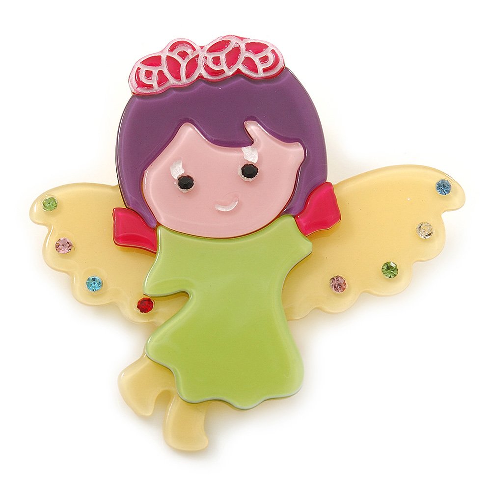 Lime Green/Purple/Yellow Austrian Crystal, Acrylic 'Little Angel' Brooch - 50mm Length