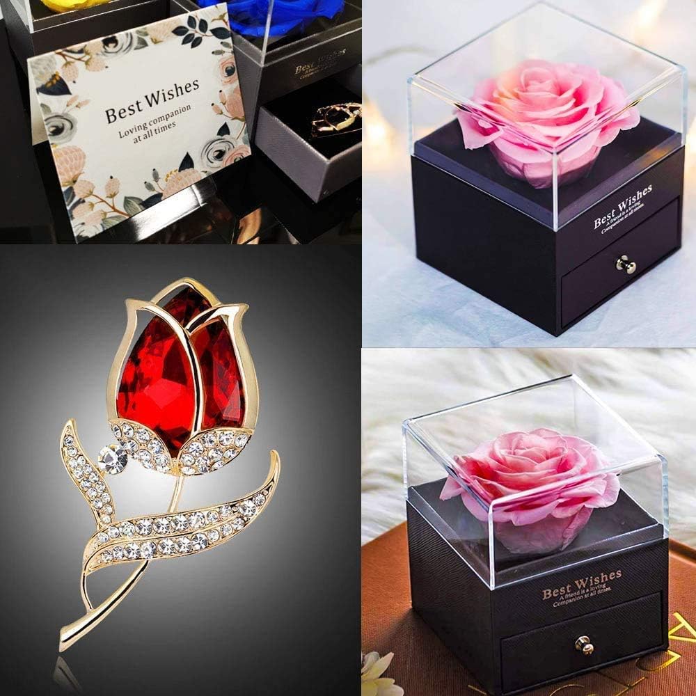 SWEETIME Forever Pink Rose Jewelry Gift Box, Enchanted Real Rose with Ruby Rose Brooch - Image 4