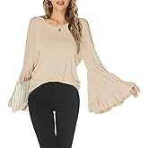 Hount Women Casual Long Bell Sleeve Tops Loose Round Neck T Shirt Flare Sleeve Shirt Tops