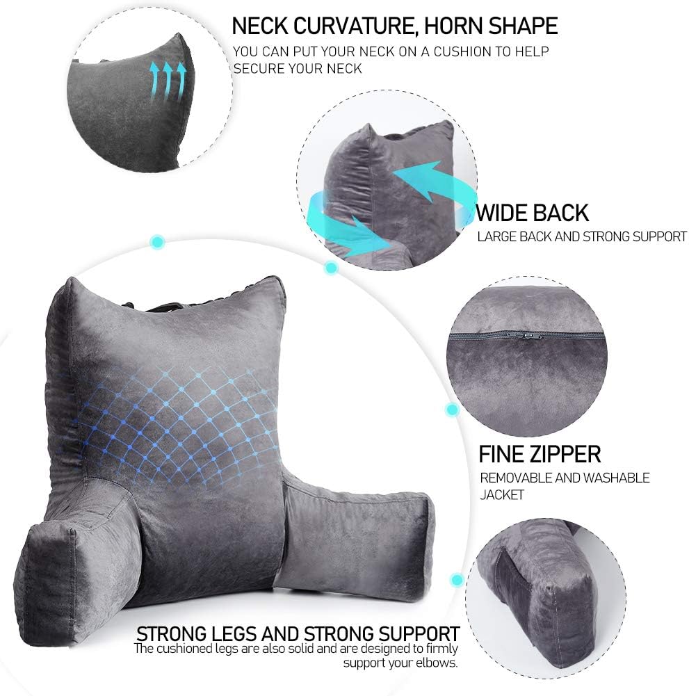 Neustern Updated Reading Pillows with Enlarged Support Arms - Removable Backrest Cover with Pockets, Comfy Bed Rest Pillows for Bed Back Support (22 inches high) - Ideal for Adults/Teen/Kids (Grey): Home & Kitchen