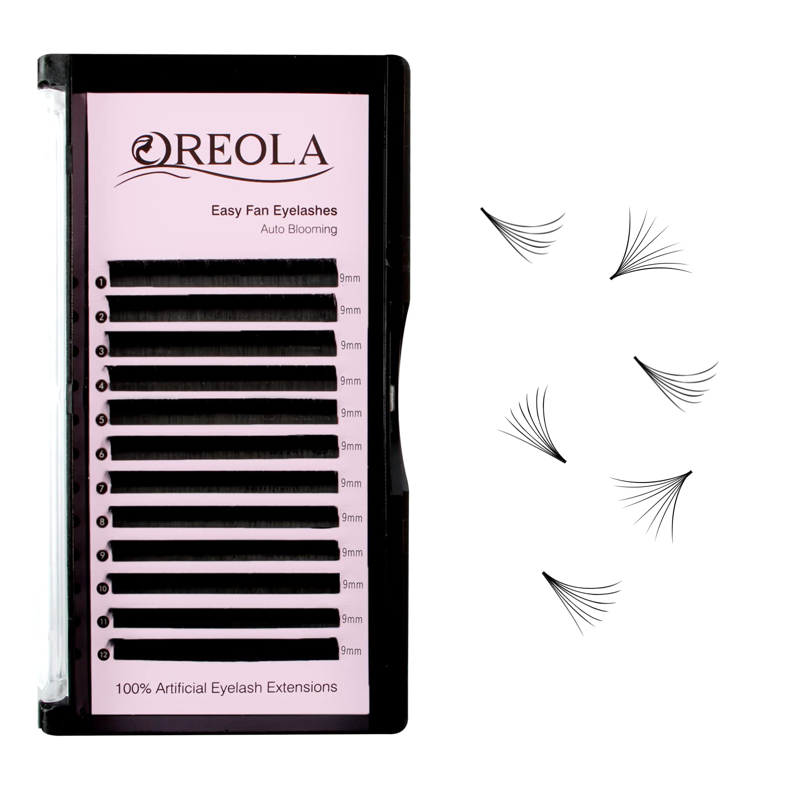 Oreola Easy Fan Lashes D Curl Fast Blooming Eyelash Extensions Second Flower Volume Lashes for DIY Eyelash Extensions 12 Rows 9mm Long 0.07 Thickness — image 1