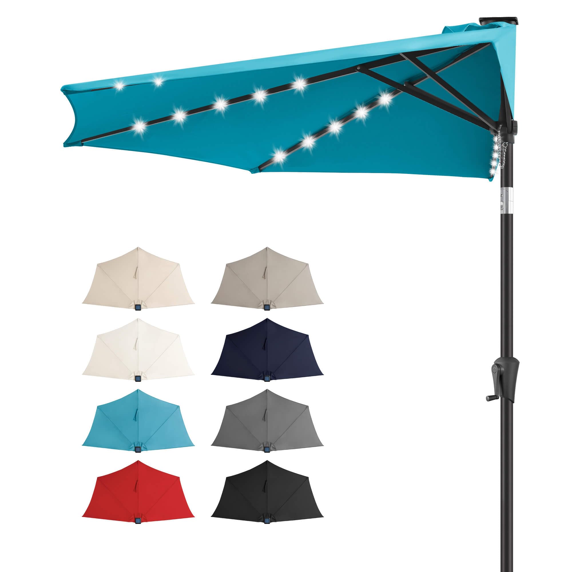 Photo 1 of (missing pole) FLAME&SHADE 9 ft Half Round Solar Powered Outdoor Market Patio Table Umbrella for Wall Balcony with LED Lights and Tilt, Aqua Blue