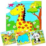 INTELLITOYZ Set of 4: 9 Piece Colorful Wooden Zoo Animals Educational Jigsaw Puzzles. Includes Giraffe, Elephant, Tiger, Panda