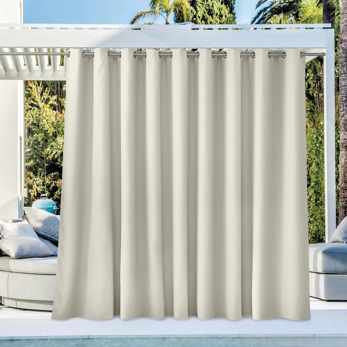 NICETOWN Outdoor Curtainch for Patio Waterproof 120 inch Wide, Thermal Insulated Rustproof Grommet UV Blocking Cabana Curtainch & Drape, Privacy Safe Shade for Pergola, Natural, 1 PC, 95-Inch Long Image
