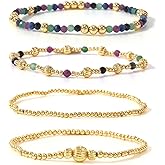 Ustome Gold 4Pcs Stackable Beaded Bracelets Set For Women,Handmade Natural Gemstone Glass Ball Stretch Accessories Jewelry, Daily Wear Friendship Gift