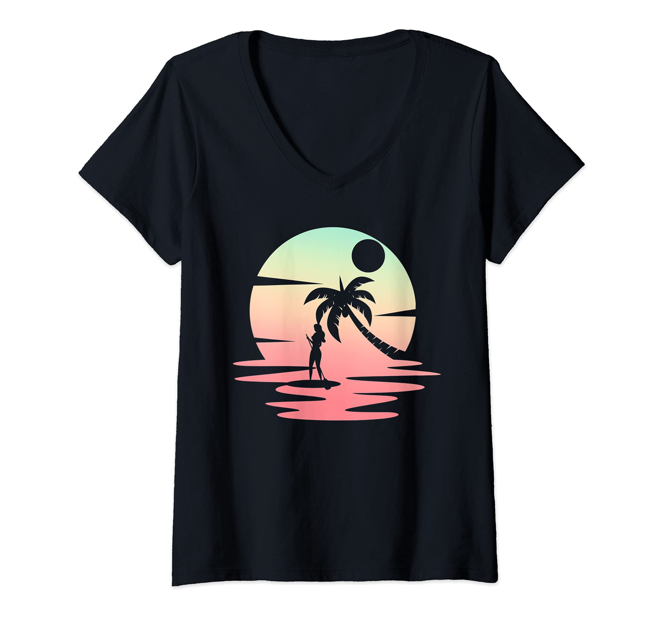 Womens Palm Tree Stand Up Paddler Tropical Sunny Beach Outdoor SUP V-Neck T-Shirt