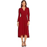Maggy London Women's V-Neck Hi-lo Midi Dress with Gathered Waist and Ruffle Details