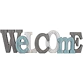 Rustic Wooden Teal Home Sign Decorative Cutout Letters Freestanding Block Word Sign Hanging Ornament Table Shelf Decor (Welcome)