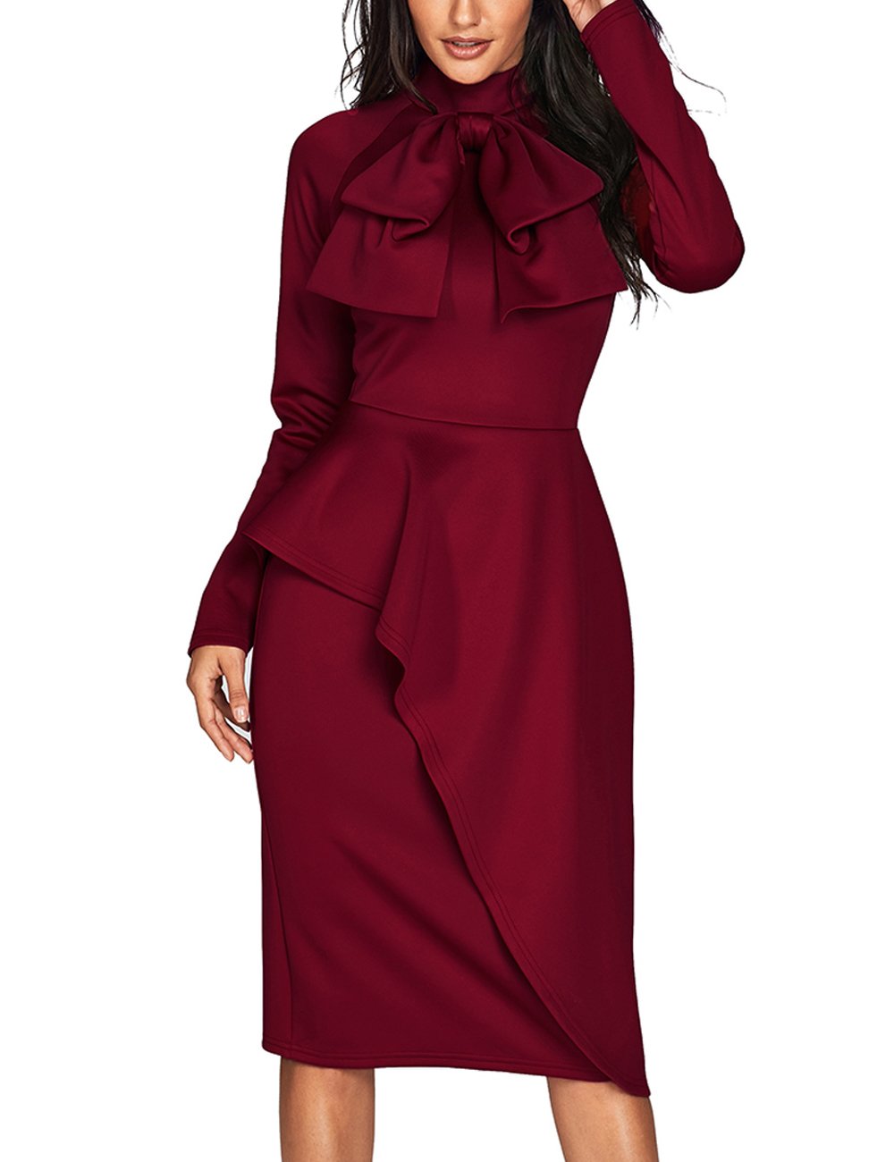 CILKOO Womens Tie Neck Peplum Waist Long Sleeve Bodycon Business Dress(SXXL)