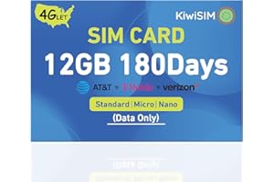 KiwiSIM USA Data SIM Card 12GB 180 Days, 4G LTE SIM Card Support for AT&T, T-Mobile and Verizon, Nano Card for Unlocked Cellular Security Cameras/Router/Hotspot WiFi/Trail Camera (Activate Needed)