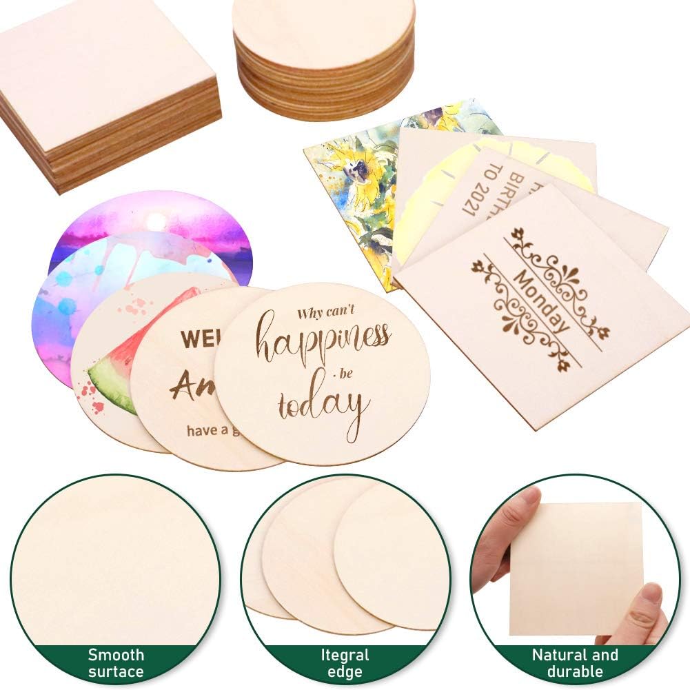 Wood Slices 100 Pcs of Unfinished Wood Chips 4x4 inch Blank Wood Chips for Handicrafts Home Decoration Wooden Coasters and DIY Crafts 50 Pcs Wood Squares and 50 Pcs Wood Circles