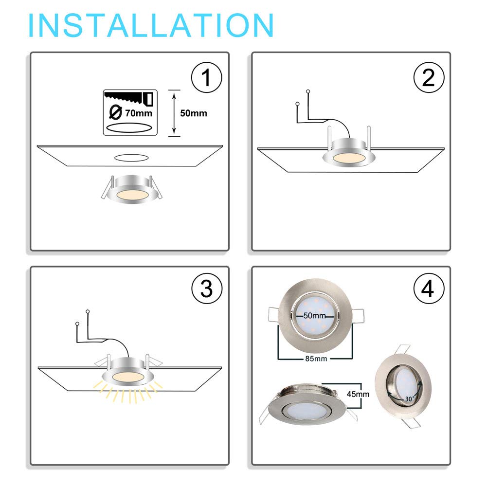 Spots LED Éclairage 6W encastré IP44 3000K blanc chaud Matt Nickel LED Plafond Spotlights (aucun pilote nécessaire) pour bain/douche/soffites/Cuisine