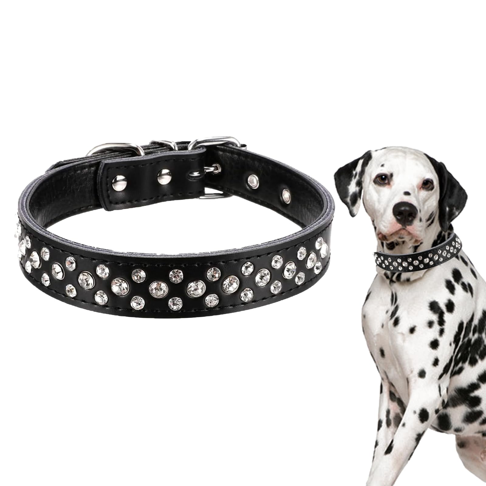 Vokowin Rhinestones Dog Collar, Adjustable Sparkly Crystal Studded Leather Pet Dog Collar for Pet Dogs Collar (L) (K429-1)