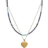 Senxilk Layered Gemstone Necklace Set – 18K Gold Plated Copper Chain with Heart Pendant & Beaded Choker with Gold Square Spacers