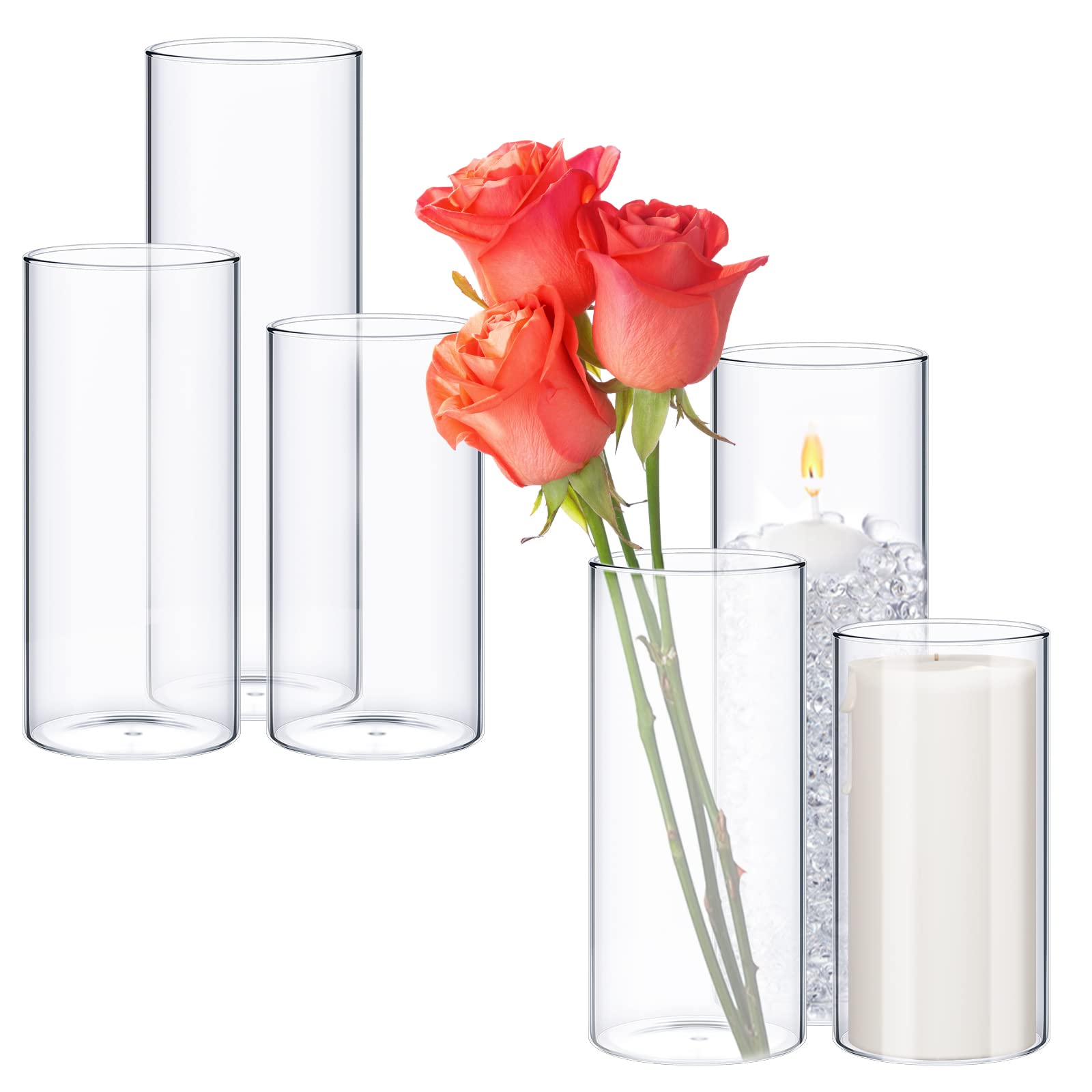 Photo 1 of Didaey Thin Glass Cylinder Vases 2.5''/3.3'' Diameter 2mm Wall Thickness Clear Flowers Vase Hurricane Floating Candles Holders for Table Centerpieces Wedding Decor(2.5'' X 5'',6'',8'',6 Pcs)