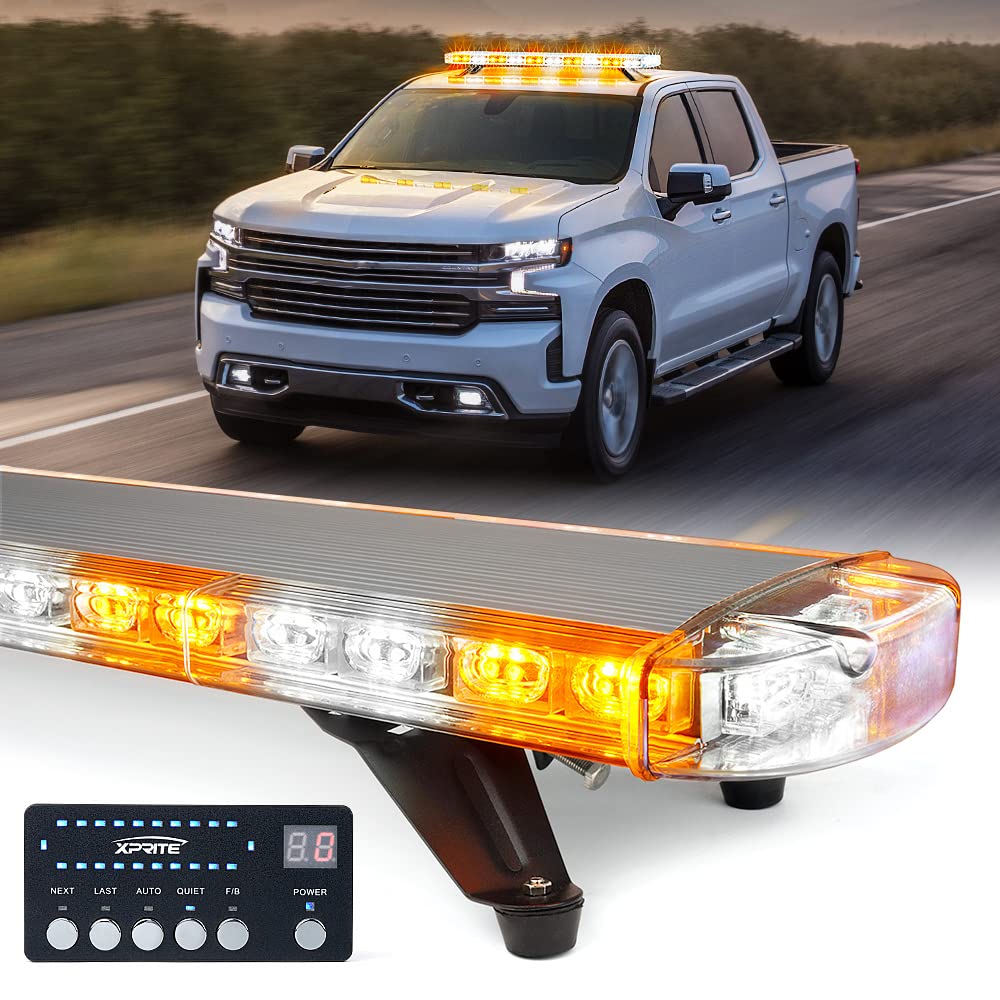 Xprite 48 Inch LED Rooftop Emergency Strobe Warning Lights Bar w/Adjustable Mounting Brackets, for Vehicles, Security, Law Enforcement, Snowplow, Tow Trucks, Crane, Construction Cars - White Amber