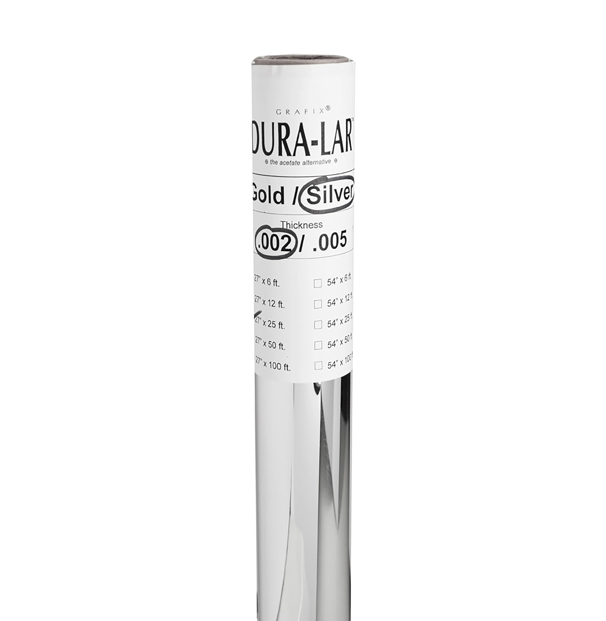 Grafix Dura-Lar 0.002" Film, Silver 27" x25', Opaque Silver Dura-Lar is a Polyester Film with a Silver Aluminum Coating on The Surface. Creates The Perfect Mirror-Like Finish.
