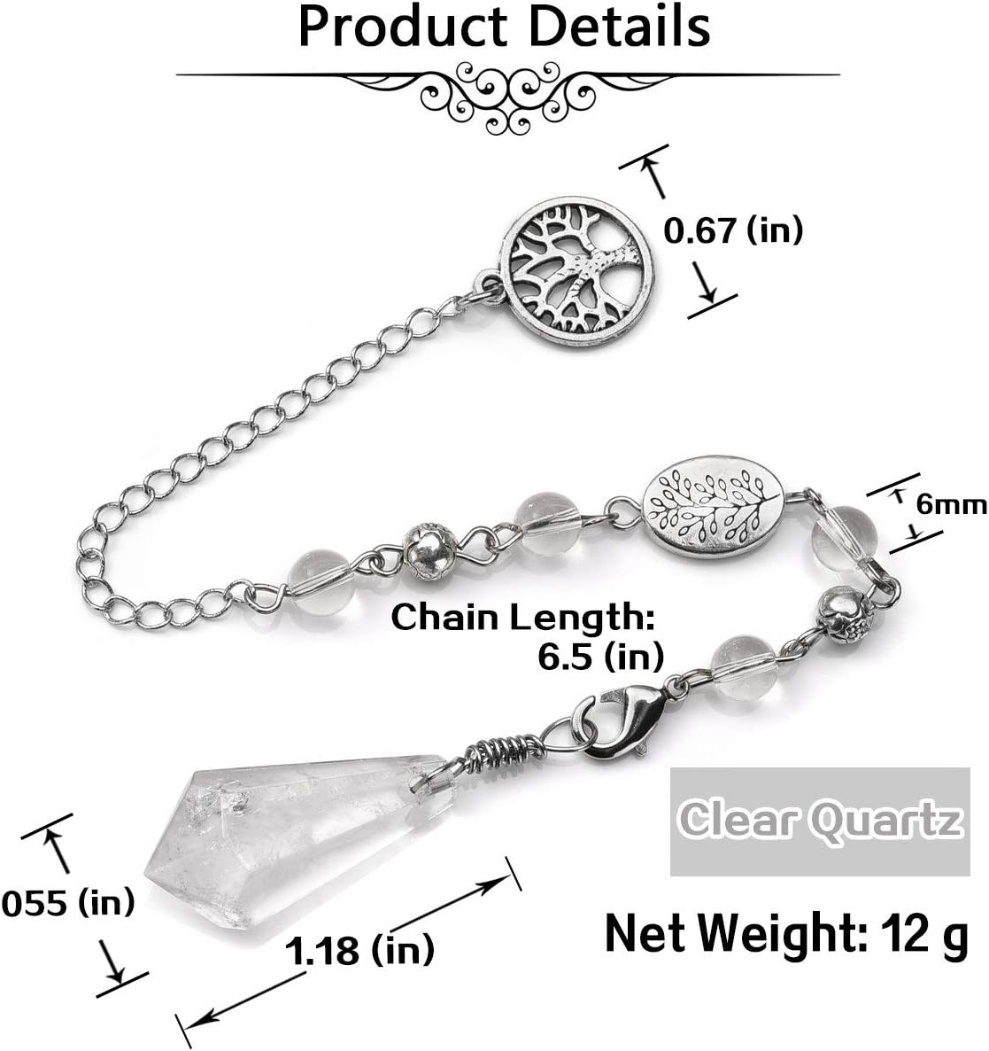 CrystalTears Natural Clear Quartz Crystal Pendulum Hexagonal Healing Crystal Point Dowsing Pendulum Necklace for Divination Chakra Reiki Healing Meditation Balancing - Image 3