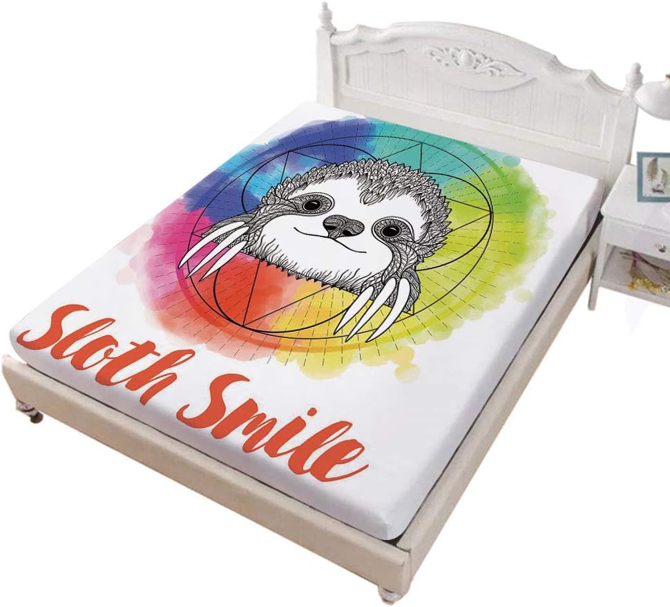 Twin XL Size Fitted Sheet,Rainbow Colored Backdrop Image with Sketchy Happy Smiling Cartoon Sloth Art Soft Wrinkle Resistant Microfiber Fitted Sheet,Deep Pocket for Kids & Adults,Multicolor