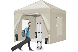 Nianles 8x8 Pop Up Canopy Tent with 4 Removable Sidewalls and Windows, Ez Pop Up Outdoor Canopy, Adjustable Commercial Tent with Roller Bag, 4 Sandbags White Khaki